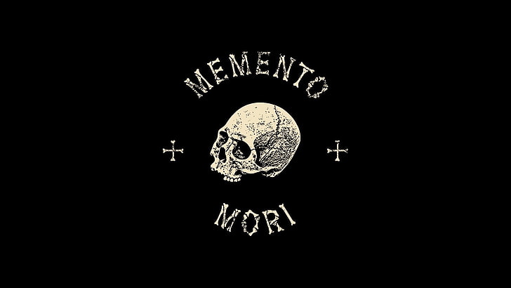svart bakgrund med Memento Mori textoverlay, skrivbord, sake, svart, kors, död, ben, wallapers, latin, latin ordstäv, HD tapet