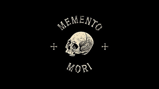 черен фон с текстов слой Memento Mori, работен плот, саке, черен, кръст, смърт, кости, зидари, латиница, латиница, HD тапет HD wallpaper