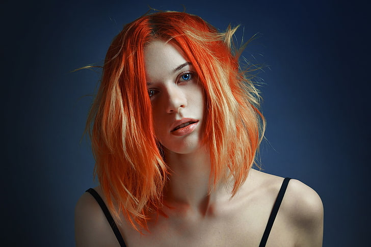 women, model, face, portrait, redhead, dyed hair, simple background, bare shoulders, blue eyes, HD wallpaper