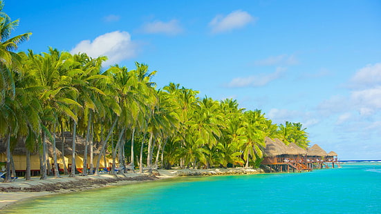 เกาะ Akitua Aitutaki หมู่เกาะคุกบังกะโล Tropical Beach Coconut Trees ออสเตรเลียแปซิฟิกใต้, วอลล์เปเปอร์ HD HD wallpaper