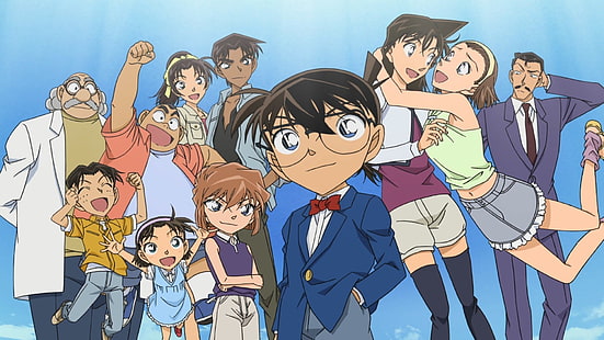 Anime, detective Conan, Ai Haibara, Conan Edogawa, Kogoro Mouri, Ran Mouri, Sfondo HD HD wallpaper