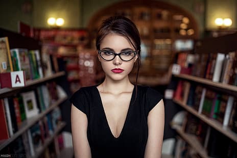  girl, dress, brown eyes, photo, photographer, model, lips, brunette, glasses, books, black dress, portrait, mouth, red nails, red lipstick, library, lipstick, looking at camera, depth of field, Maxim Guselnikov, looking at viewer, Oktyabrina Maximova, HD wallpaper HD wallpaper