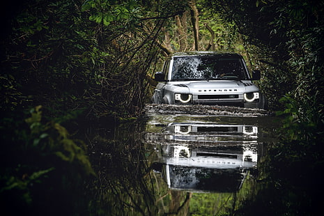 Land Rover, защитник, 2020, время приключений, лес, природа, вода, HD обои HD wallpaper