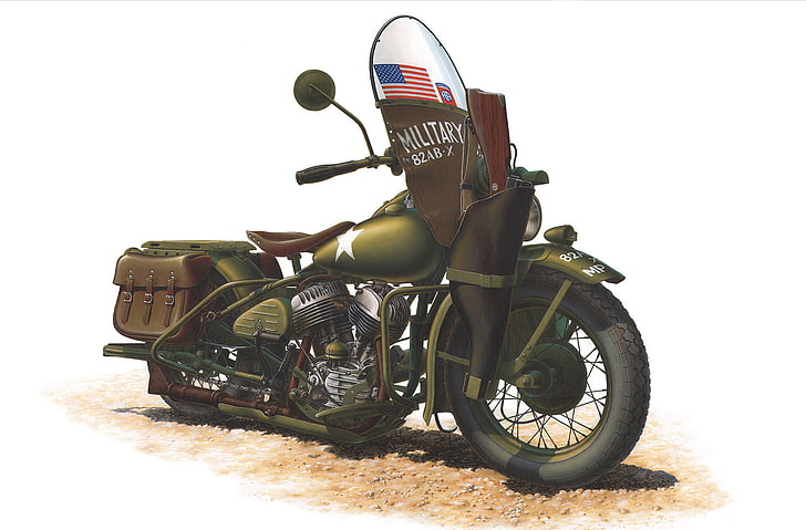 green touring motorcycle, color, engine, model, art, soldiers, khaki, motorcycle, USSR, American, was, Harley-Davidson, for, Tom, lend-lease, WW2., the program, main, allies, military, had, 1942., equipped, inches, order, two-cylinder, V-neck, transport, cubic, cylinders, WLA, volume, means, the number, transferred, HD wallpaper
