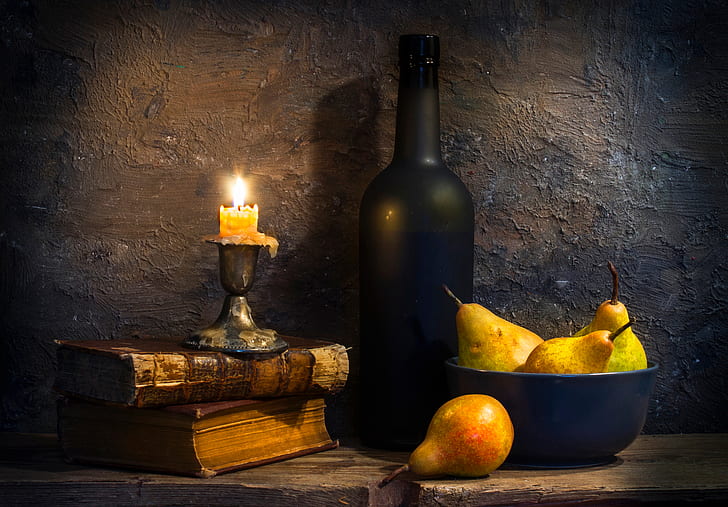books, bottle, candle, pear, Pearfect, HD wallpaper