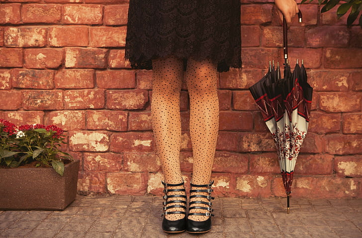 women, umbrella, legs, black skirts, stockings, HD wallpaper