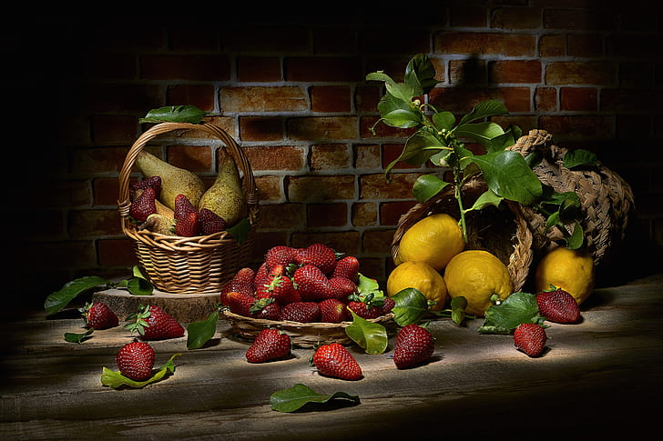Фрукты, фрукты, корзина, ягоды, лимон, груша, натюрморт, клубника, HD обои