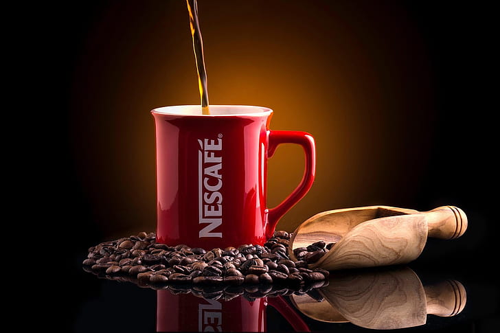reflection, background, coffee, mug, coffee beans, scoop, Nescafé, HD wallpaper