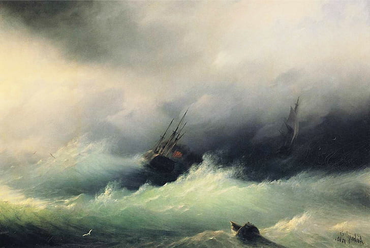pintura ivan mar aivazovsky mar veleiro barco arte clássica, HD papel de parede