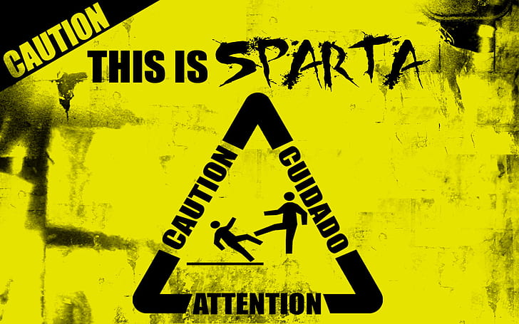 caution, warning signs, Sparta, HD wallpaper
