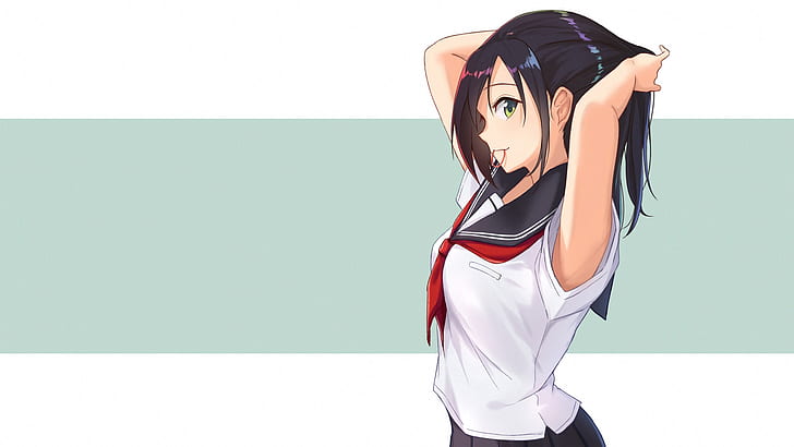 anime girls, schoolgirl, school uniform, arms up, HD wallpaper