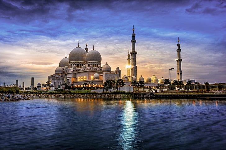 вода, градът, вечерта, кула, джамия, архитектура, ОАЕ, купол, джамията Шейх Зайед, Абу Даби, Емирства, HD тапет