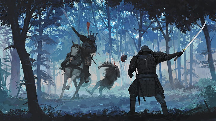 Фантазия, самурай, борба, гора, кон, катана, меч, воин, HD тапет