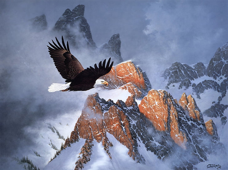 коричневый и белый белоголовый орлан, зима, облака, снег, горы, полёт, орел, живопись, Дерк Хансен, белоголовый орлан, Огонь на горе, HD обои