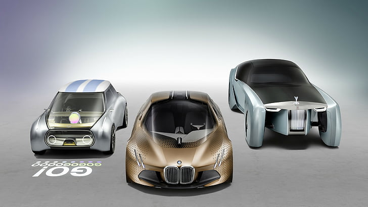 tres autos deportivos marrones y grises, Rolls-Royce Vision Next 100, bmw, mini, autos futuros, futurismo, plateado, Fondo de pantalla HD