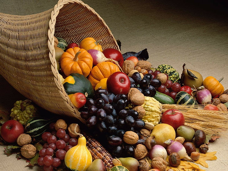 autumn, cornucopia, food, fruits, season, thanksgiving, vegetables, HD wallpaper