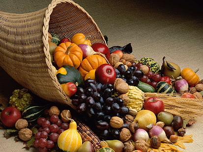 autumn, cornucopia, food, fruits, season, thanksgiving, vegetables, HD wallpaper HD wallpaper