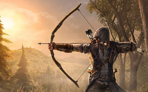 archer illustration, Assassin's Creed III, Connor Kenway, Assassin's Creed, video games, bow, HD wallpaper HD wallpaper