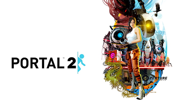 Portal 2 poster, Gadis, Robot, Portal, Portal, Portal 2, glados, Pistol portal, Modul, Wheatley, kubus pengiring, Companion Cube, Whitley, Turret, Wallpaper HD