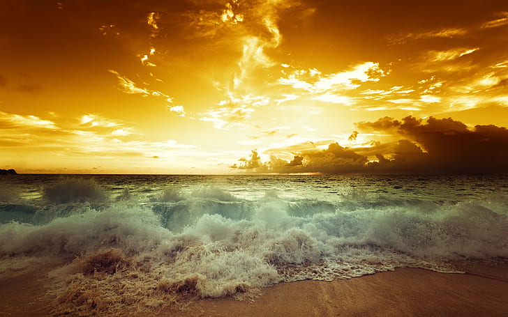Seascape zachód słońca, pejzaż morski, zachód słońca, morze, plaża, Tapety HD