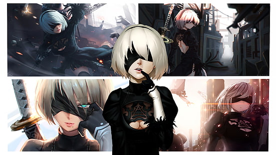 Nier Automata, anime, anime girls, girls with swords, 2B (Nier: Automata), NieR, Nier: Automata, artwork, HD wallpaper HD wallpaper