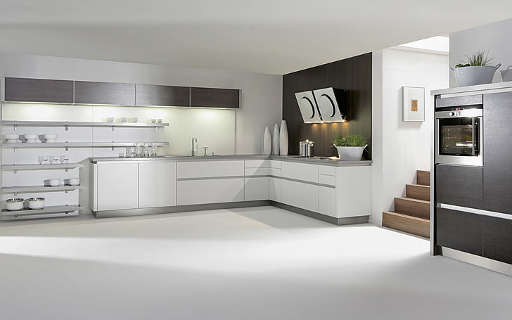 бял дървен кухненски шкаф, дизайн, стил, мебели, кухня, бял, интериор, техника., домакинство, HD тапет