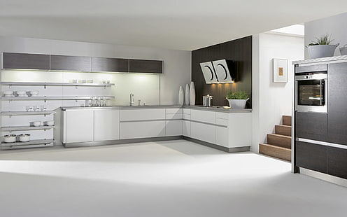 white wooden kitchen sideboard, design, style, furniture, kitchen, white, interior, technique., household, HD wallpaper HD wallpaper