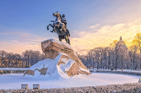 Санкт-петербург, россия, статуя, зима, снег, HD обои HD wallpaper