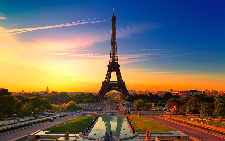 Ilustracja 3D Wieża Eiffla, Paryż, Wieża Eiffla, HDR, architektura, miasto, zachód słońca, Francja, pejzaż, krajobraz, fotografia, miasto, niebo, słońce, ogrody Trocadero, Tapety HD