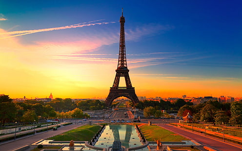 Ilustração 3D da Torre Eiffel, Paris, Torre Eiffel, HDR, arquitetura, cidade, pôr do sol, França, paisagem urbana, paisagem, fotografia, urbana, céu, sol, jardins de Trocadero, HD papel de parede HD wallpaper