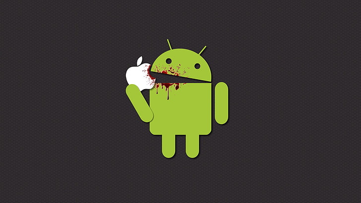 Android isst Apple-Logo, Android (Betriebssystem), Apple Inc., Roboter, einfacher Hintergrund, Minimalismus, HD-Hintergrundbild
