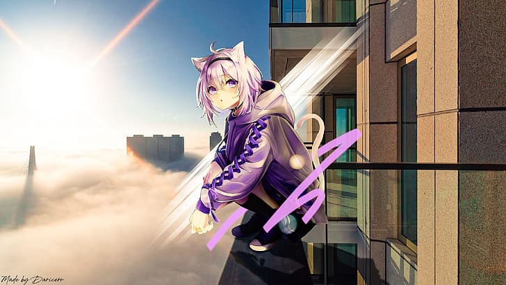 Nekomata Okayu, Hololive, gadis kucing, gedung pencakar langit, mata ungu, Wallpaper HD