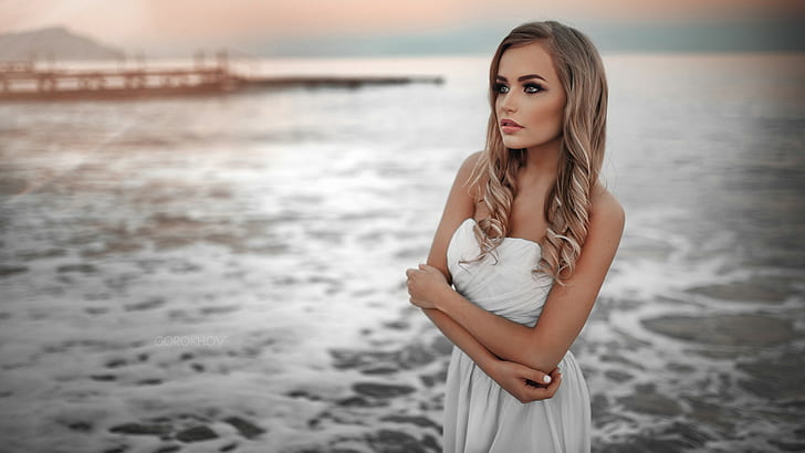 Mary Jane, looking away, women, looking into the distance, blonde, Ivan Gorokhov, sea, white dress, Maria Puchnina, HD wallpaper