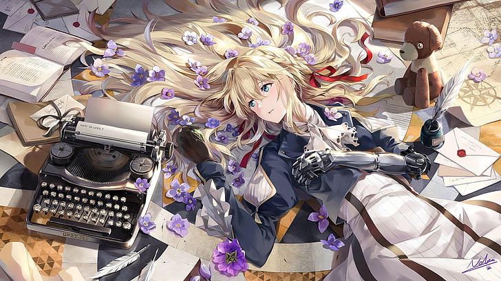 violet evergarden, mechanic arms, blonde, lying down, typewriter, Anime, HD wallpaper
