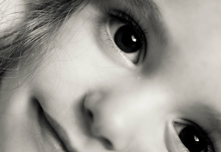 grayscale photo of girl, Portrait, grayscale, photo, girl, ojos, blanco y negro, mirada, face, white  eyes, gaze, oto, fotografia, photography, imagen, image, photographer, picture, human Face, child, people, close-up, cute, human Eye, one Person, baby, black And White, caucasian Ethnicity, HD wallpaper