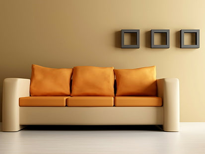 Диван, Мебель, Кожа, Оранжевый, Бежевый, HD обои HD wallpaper