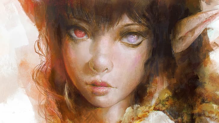 Joi Rudin, artwork, fantasy art, omen, fantasy girl, heterochromia, face, portrait, closeup, pointy ears, HD wallpaper