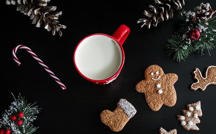 Christmas Decorations 2017, Holidays, Christmas, Winter, Background, Candy, Milk, Merry, Xmas, Sweets, Festive, Seasonal, Shapes, cookies, delicious, Celebration, Traditional, Food, dessert, drink, Gingerbread, beverage, decorations, Tasty, 2017, pinecones, CandyCane, GingerbreadMan, redmug, RedCup, ConiferCones, ForSantaClaus, MilkMug, HotMilk, gingerbreadstar, gingerbreadtree, gingerbreadsock, HD wallpaper