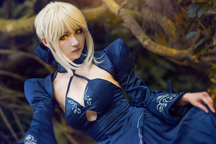 forest, chest, look, girl, branches, blue, pose, style, background, portrait, hands, hairstyle, blonde, costume, neckline, Asian, cosplay, yellow eyes, lenses, bangs, blue dress, HD wallpaper