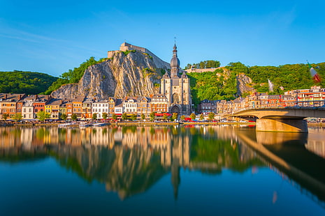 panorama photo of city buildings near the body of water during daytime, dinant, dinant, Dinant, panorama, photo, city, buildings, body of water, daytime, Wang, Walloon Region, Belgium, clear  day, europe, architecture, famous Place, river, cityscape, town, water, church, history, reflection, travel, summer, tourism, night, outdoors, lake, blue, harbor, urban Scene, HD wallpaper HD wallpaper