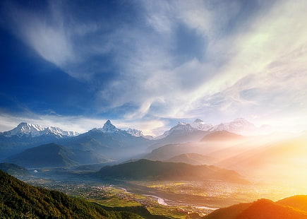 природа, пейзаж, горы, долина, туман, река, город, Гималаи, снежная вершина, Непал, облака, HD обои HD wallpaper
