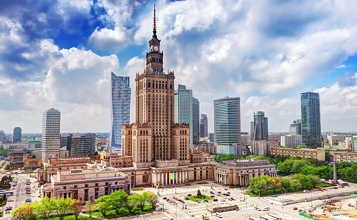 文化科学宮殿、ポーランド、ワルシャワ、ベージュの高層タワー、ヨーロッパ、ポーランド、 HDデスクトップの壁紙