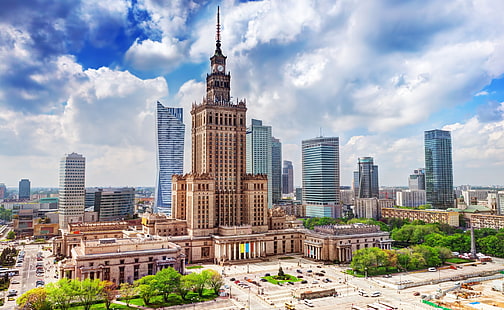 Istana Kebudayaan dan Ilmu Pengetahuan, Warszawa, Polandia, menara tinggi beige, Eropa, Polandia, Wallpaper HD HD wallpaper
