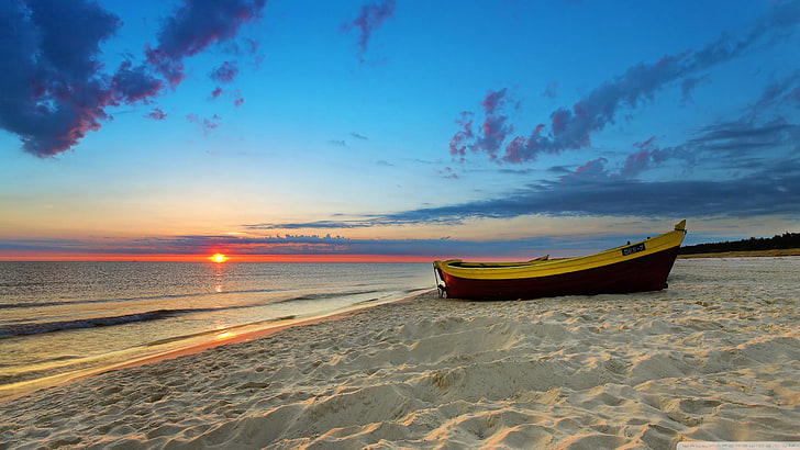 biało-brązowa łódź, krajobraz, zachód słońca, łódka, plaża, Tapety HD