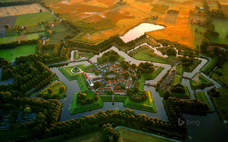 Bourtange, the Netherlands, aerial view of city buildings with green landscape, strengthening home, water, moat, the star, the museum, the fort, the Netherlands, Bourtange, HD wallpaper