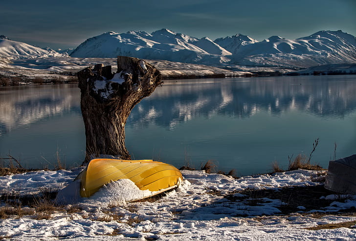 snow, lake, boat, New Zealand, Lake Tekapo, South Island, Lake Alexandrina, HD wallpaper