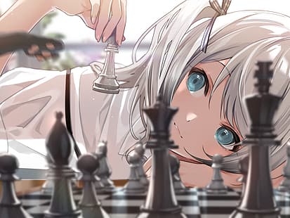 anime, chicas anime, rubia, ajedrez, gatos, ojos azules, cintas, uñas largas, Fondo de pantalla HD HD wallpaper