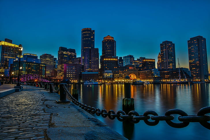 Boston, chains, city, Cityscape, Cobblestone, Dock, night, reflection, Skyscraper, Waterfront, HD wallpaper