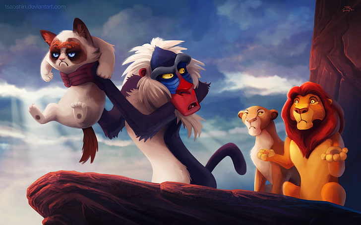 Les personnages du Roi Lion, scène de film Le Roi Lion, Grumpy Cat, Le Roi Lion, humour, chat, Rafiki, ombrage doux, memes, Fond d'écran HD
