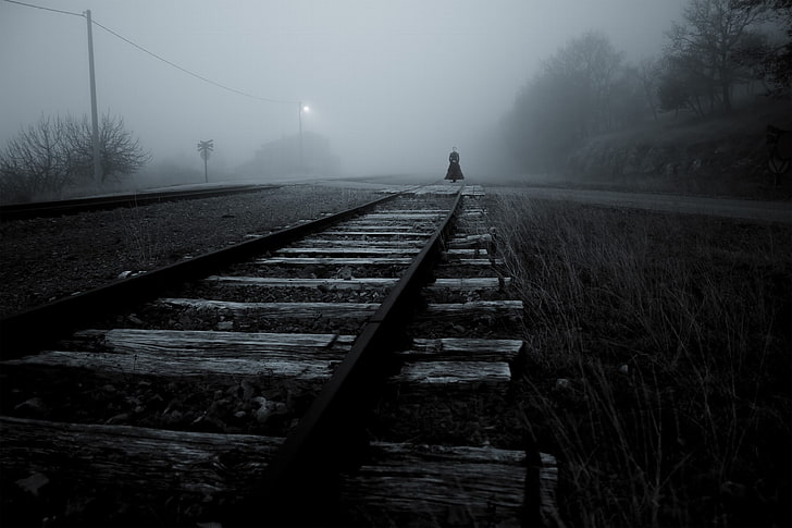 järnväg, svartvit, kvinnor, dimma, mörk, kuslig, HD tapet